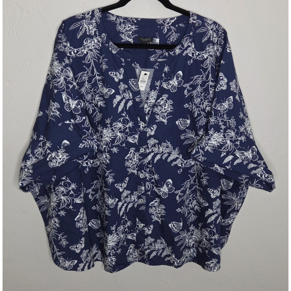 *NEW w/Tags Talbots Plus Size 3XP Navy Blue Button Up Blouse Shirt Short Sleeve